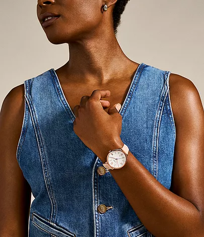 Jacqueline Three-Hand Date Blush Leather Watch