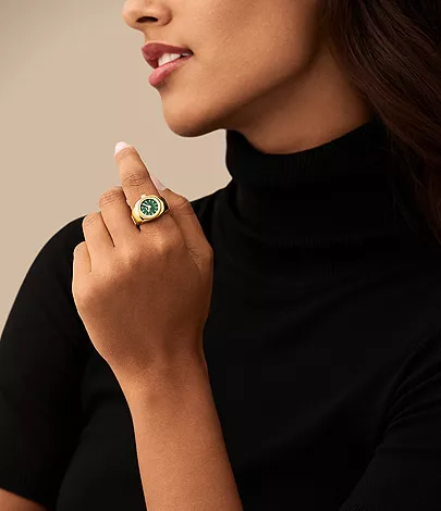 Watch Ring Two-Hand Gold-Tone Green Stainless Steel