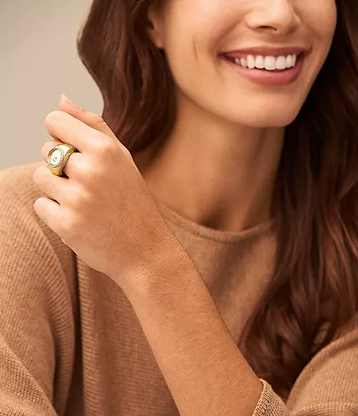 Watch Ring Two-Hand Gold-Tone Stainless Steel Golden