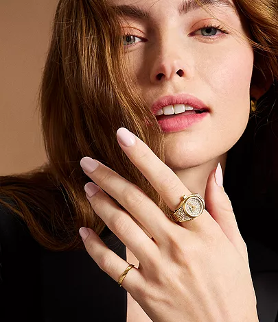 Watch Ring Two-Hand Gold-Tone Mineral Stainless Steel