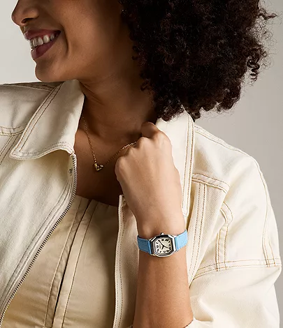 Harlow Three-Hand Light Blue Leather Watch