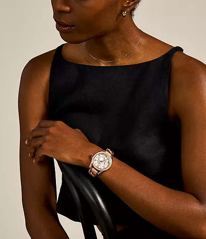 Riley Multifunction Rose Gold-Tone and Sand Leather Watch