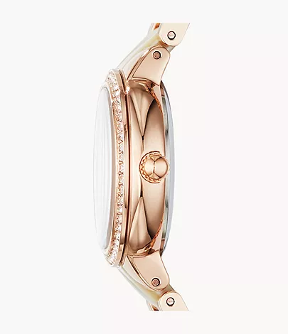 Virginia Three-Hand Day-Date Rose Gold-Tone and Horn Acetate Stainless Steel Watch