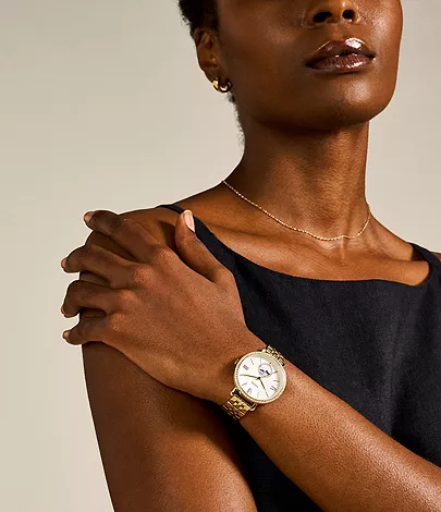 Jacqueline Sun Moon Multifunction Gold-Tone Stainless Steel Watch