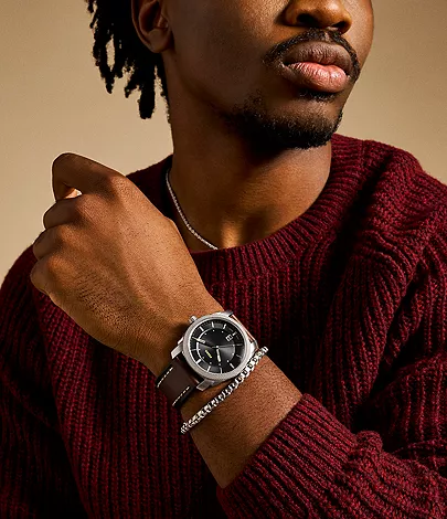 Machine Three-Hand Date Brown Leather Watch and Bracelet Set